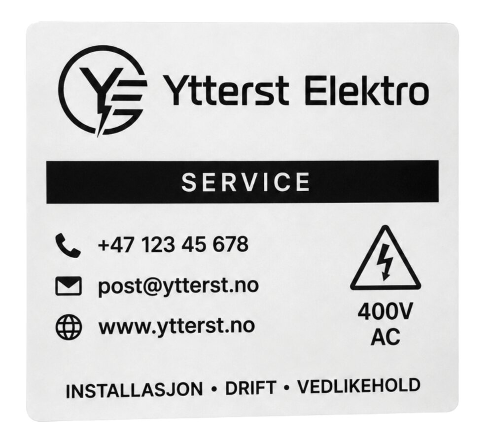 Stor serviceetikett for Ytterst Elektro med kontaktinformasjon og 400V-varsel