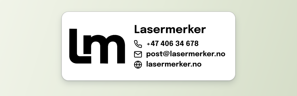 Kontaktetikett med logo, firmanavn, telefonnummer, e-postadresse og nettside